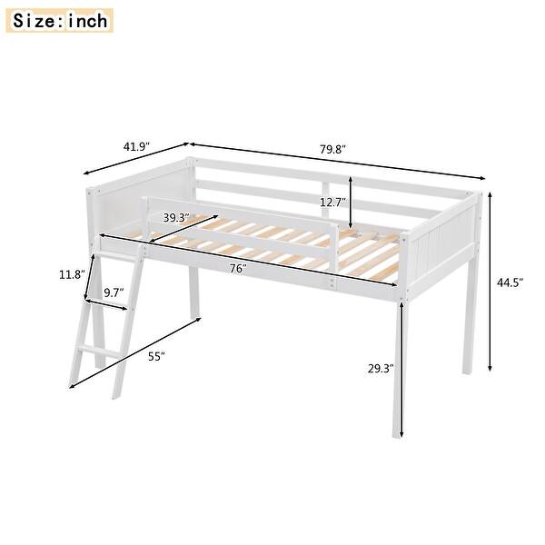 dimension image slide 1 of 4, Wood Loft Bed Frame with Ladder, Ladder can be Placed on The Left or Right, for Boys Girls Kids Adults Toddler