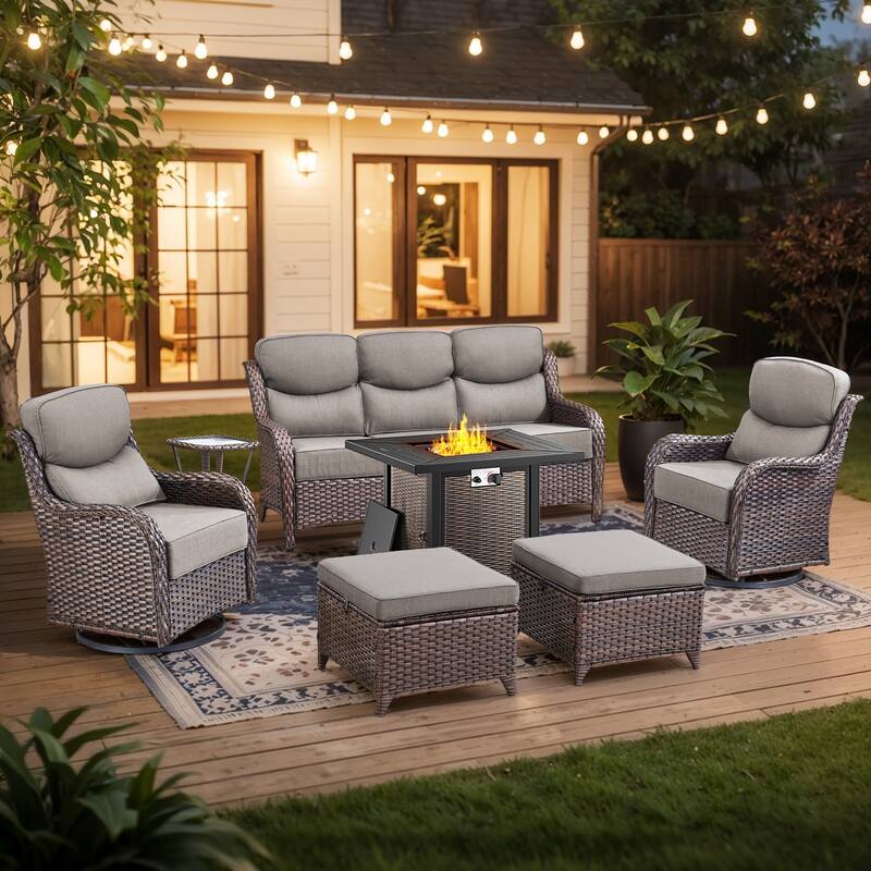Pocassy 30 Inch Fire Pit Table with Sofa Swivel Chair Set - Gray Cushion Brown Wicker - 7-Piece Sofa Siwvel Chair Ottoman w/ Fire Table