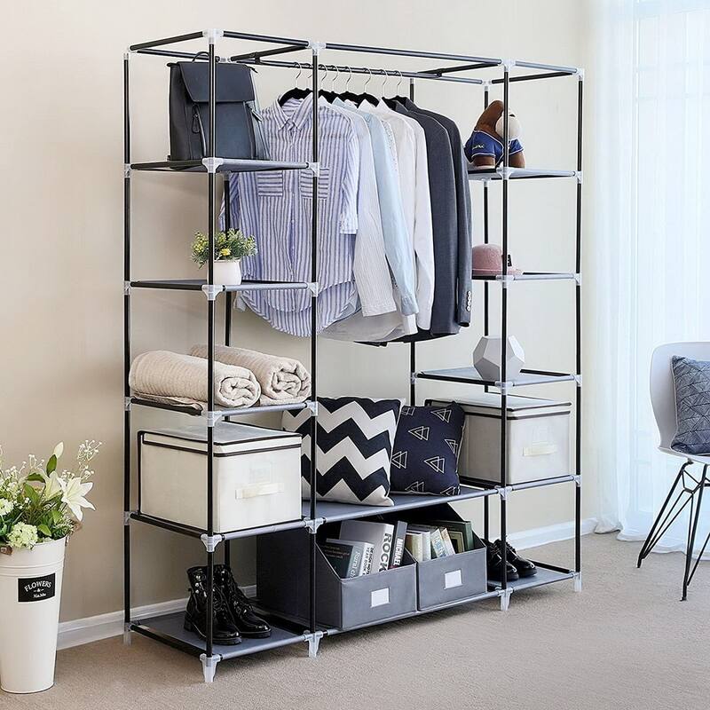 Portable Clothes Rack Closet with Cover and Hanging Rod