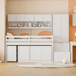 Wooden Low Loft Bed Frame with Desk, Wardrobe & Big Storage