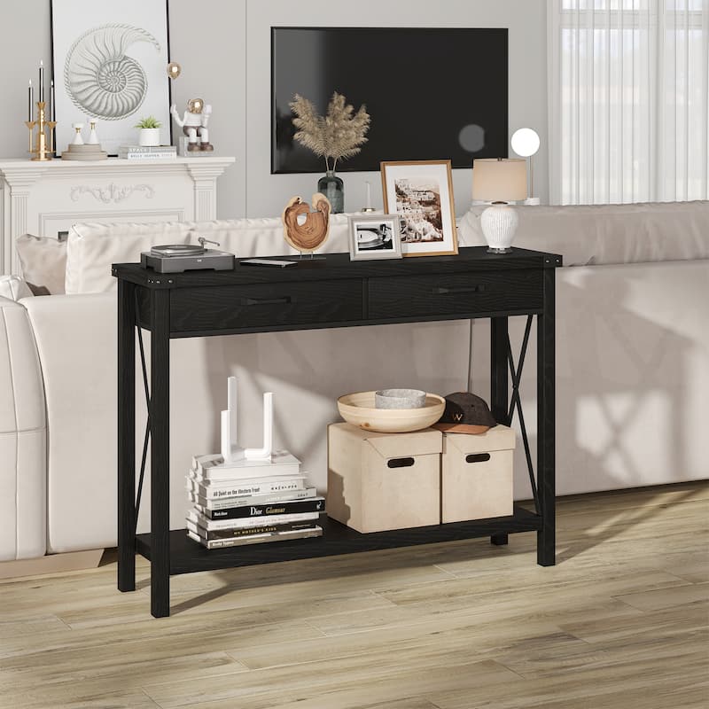 Sofa Table with Storage Shelf Side Design Accent Wood Entryway Table - Black