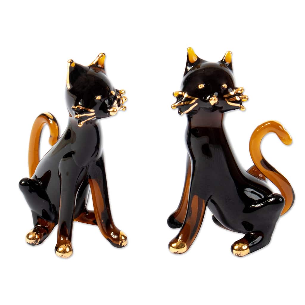 Novica Handmade Magical Felines Gilded Glass Figurines