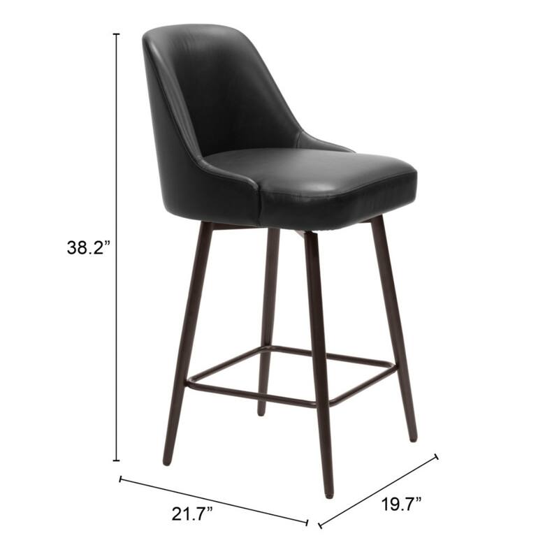 Modern Black Faux Leather Swivel Bar Stool 26" Counter Height Chair with Footrest and Steel Legs - 38.2”H x 19.7”W x 21.7”D