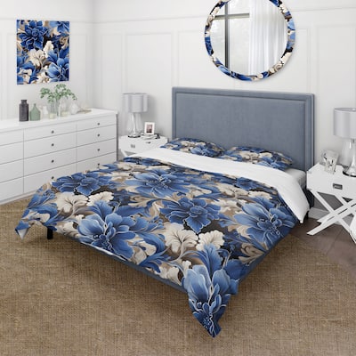 Designart "Cobalt Blue And White Victorian Floral Pattern IV" White Cottage Bedding Set With Shams
