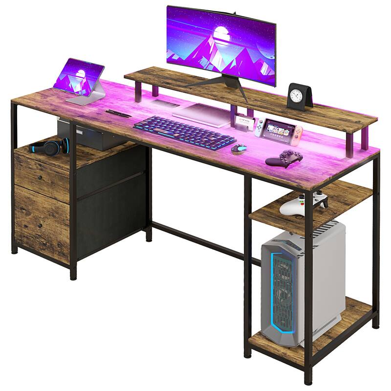 LED Gaming Desk with USB Ports & Power Outlets, Office Desk with Adjustable Foot Pads & Storage Shelves