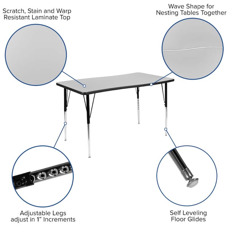 3 Piece 76" Oval Wave Flexible Grey Adjustable Activity Table Set
