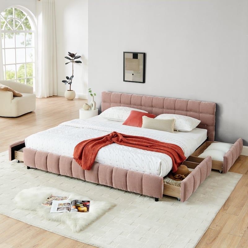 Block Thick Chenille Low Profile Platform Bed Fabric Upholstered Bedframe with Headboard Solid Wood Frame - Optional Storage Bed - Pink with Drawers - King