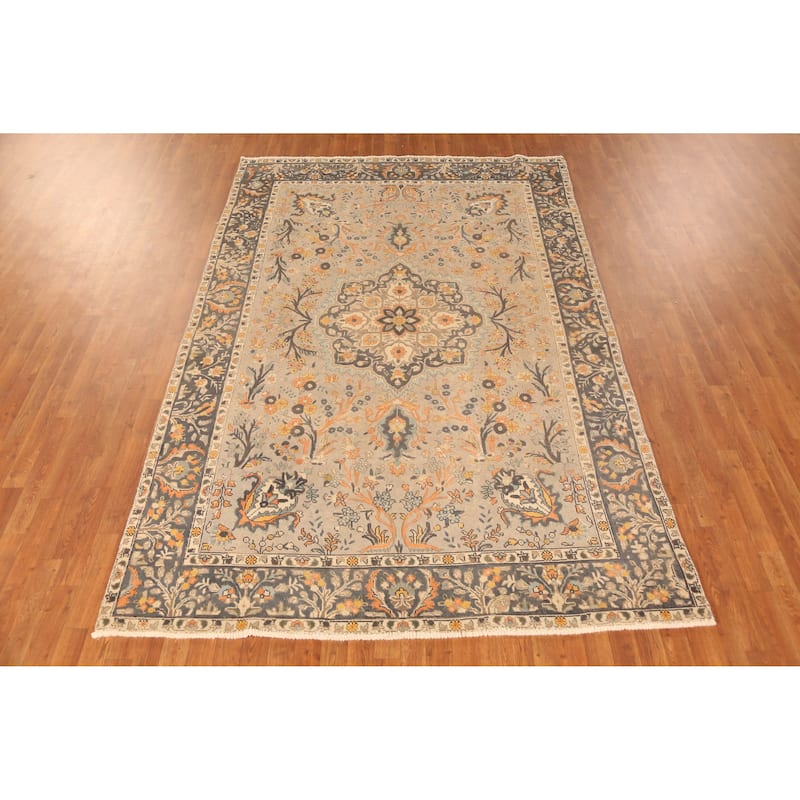 Hand Knotted Oriental 100% Wool Carpet Traditional Floral Greys & Charcoal Tabriz Area Rug - 10' 1'' X 6' 7''