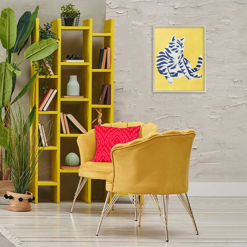 Stupell Unique Bright Cat on Yellow Framed Giclee Art Design By June Erica Vess
