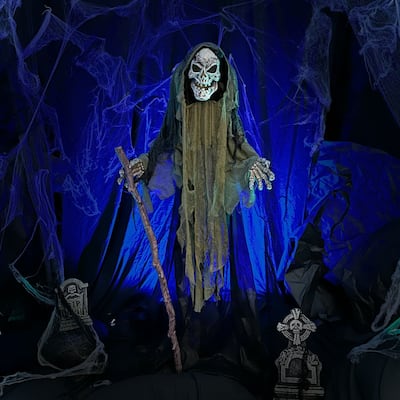 Haunted Hill Farm 5.8-Ft. Life-Size Animatronic Reaper with Green Light up Face