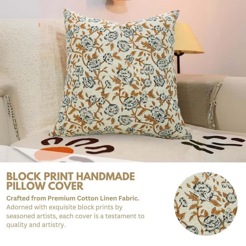 Fabdivine Handmade Dark Blue Block Print Cushion Cover Floral Linen for Living Room Sofa Chair Hotel, Home Decoration, Gopi
