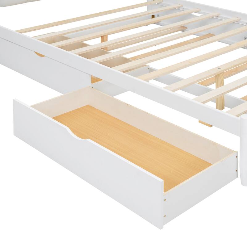 Queen Size Wooden Platform Bed Frame with Trundle, 2 Big Drawers and USB Ports, Stylish and Functional Bedroom Furniture