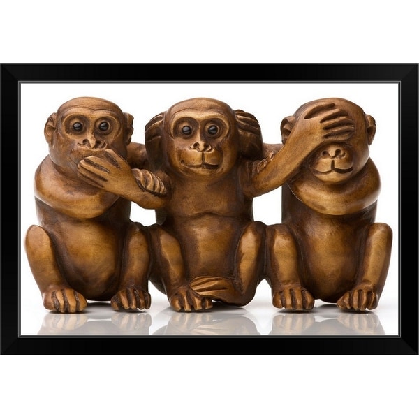 "Carving of three silly wooden monkeys" Black Framed Print