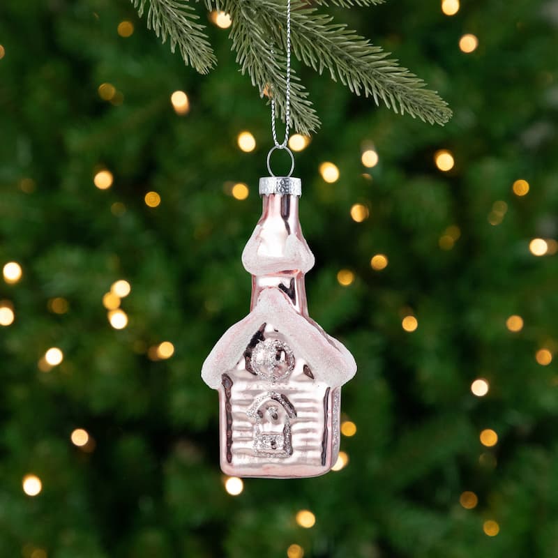 3.25" Snow Covered Pink Church Glass Christmas Ornament