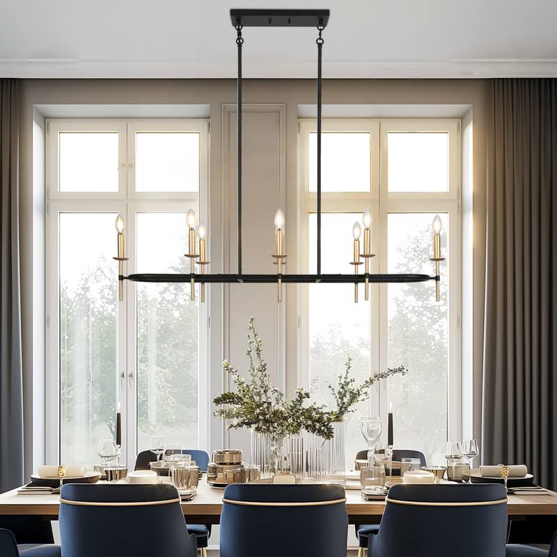 Modern 8-Light 49" W Linear Chandelier Black Gold Kitchen Island Light for Dining Room - 49.2" W x 13.4" D x 11" H