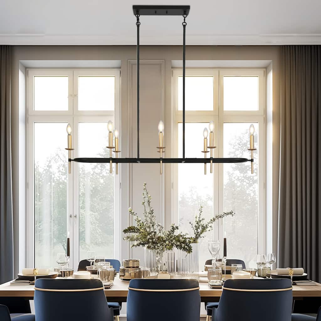 Modern 8-Light 49" W Linear Chandelier Black Gold Kitchen Island Light for Dining Room - 49.2" W x 13.4" D x 11" H