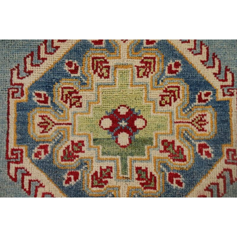 Light Blue Kazak Runner Rug Handmade Traditional Wool Carpet - 2'9" x 9'9"