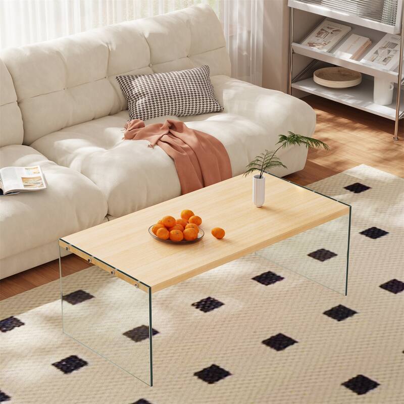 Modern Rectangular Wood-tone Coffee Sofa Side Table with Tempered Glass Legs