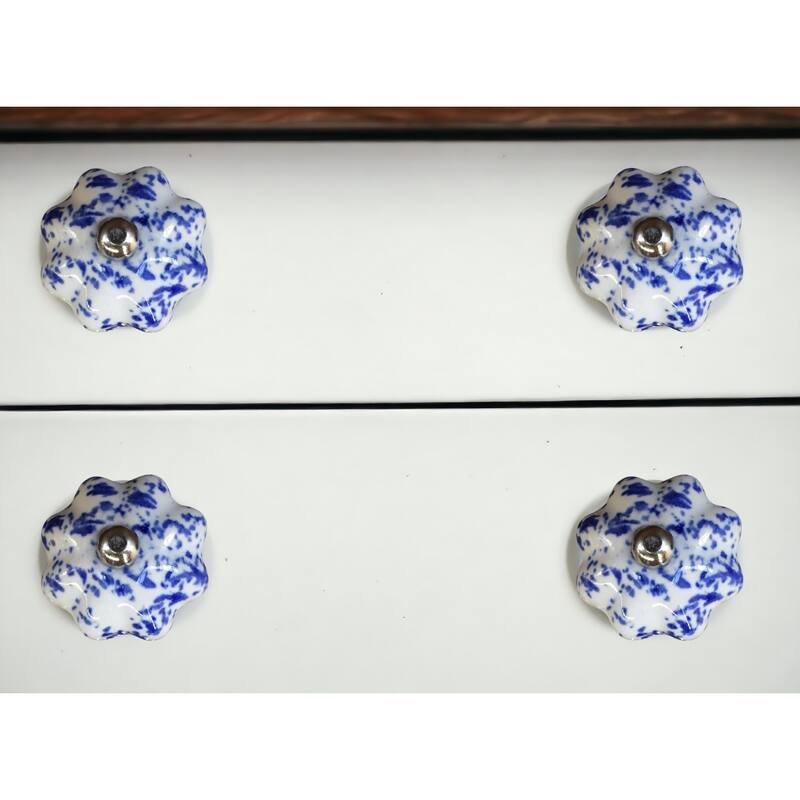 Set of 8 Blue and White Ceramic Flower Cabinet Pull Knobs with Silver Backplate for Living Room - 1.5” x 1.5” x 1.5”