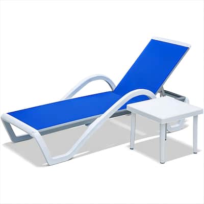 All Weather Outdoor Adjustable Chaise Lounge Set with Wheels and Side Table for Lawn Poolside Beach