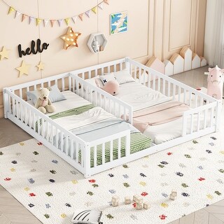 Twin Size Kids Bed Frame, Double Twin Floor Bed with Fence Guardrails