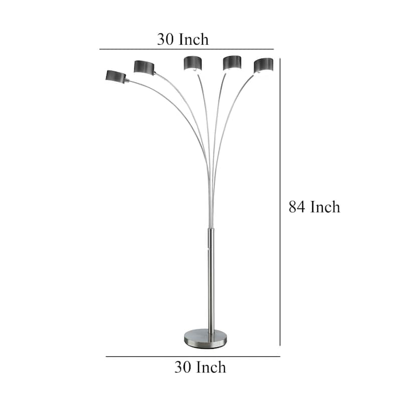 5 Arm Arched Floor Lamp, 84 Inch Chrome Metal Sleek Stem, Round Base
