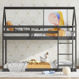 Safety and Quality Guaranteed Floor Bunk Bed with Ladder, Rubber Wood & House-Shaped, Twin over Twin, Black