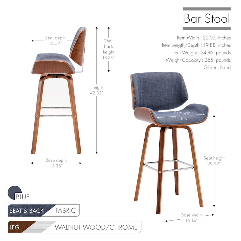 Porthos Home Onur Swivel Fabric Bar Stool with Wooden Legs and Chrome Footrest
