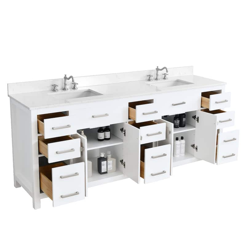 Prismatica Double Sink Bathroom Vanity 84 in White, Marble Countertop & Splash