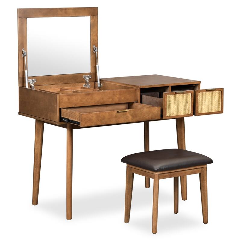 43.3" Classic Wood Makeup Vanity Set with Flip-top Mirror and Stool