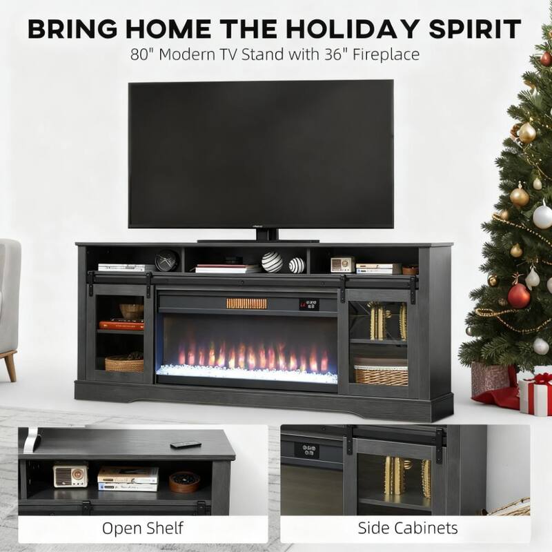 Farmhouse Fireplace TV Stand for TVs up to 80", TV Console TV Cabinet with 36" Electric Fireplace