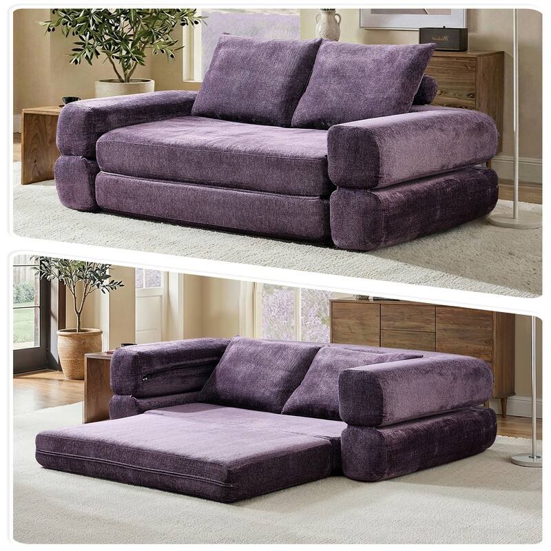 Modern Chenille Convertible Sofa Bed Queen Size Split Back Design