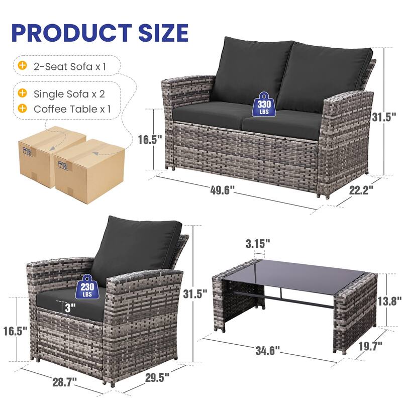 Thicker 4-Piece Wicker Outdoor Sofa Set, 1 Loveseats, 2 Single Sofas, 1 Table
