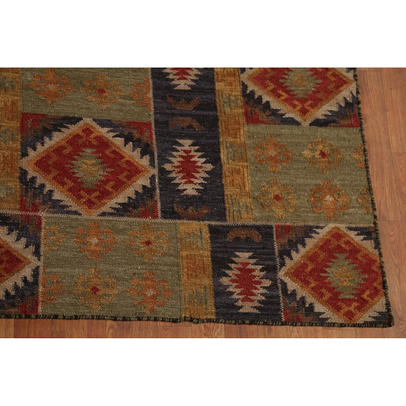 Green & Blue Geometric Kilim Oriental Area Rug Hand-Woven Wool Carpet - 7'8"x 9'10"