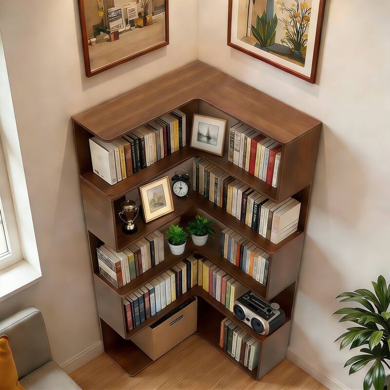 66" Tall 6-Tier Corner Bookshelf - L-Shaped Wooden Bookcase with Baffle, Freestanding Display Shelf for Living Room, Home Office