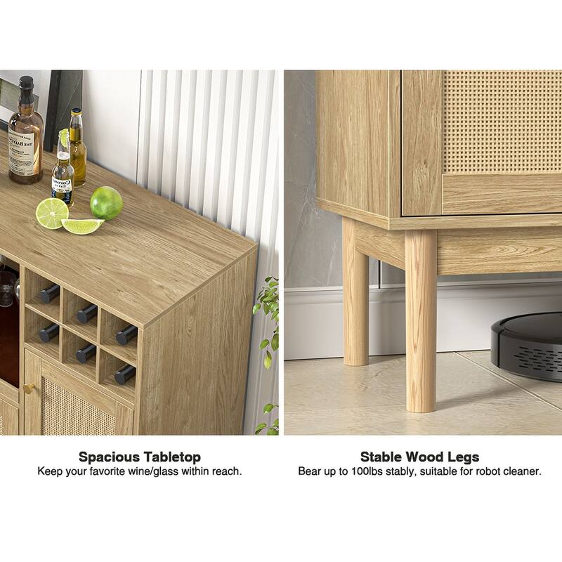 Anmytek Modern 2-Door Natural Oak Buffet Sideboard Wine Bar Cabinet with Drawer and Wine Rack - 43.3"W x 15.7"D x 34"H