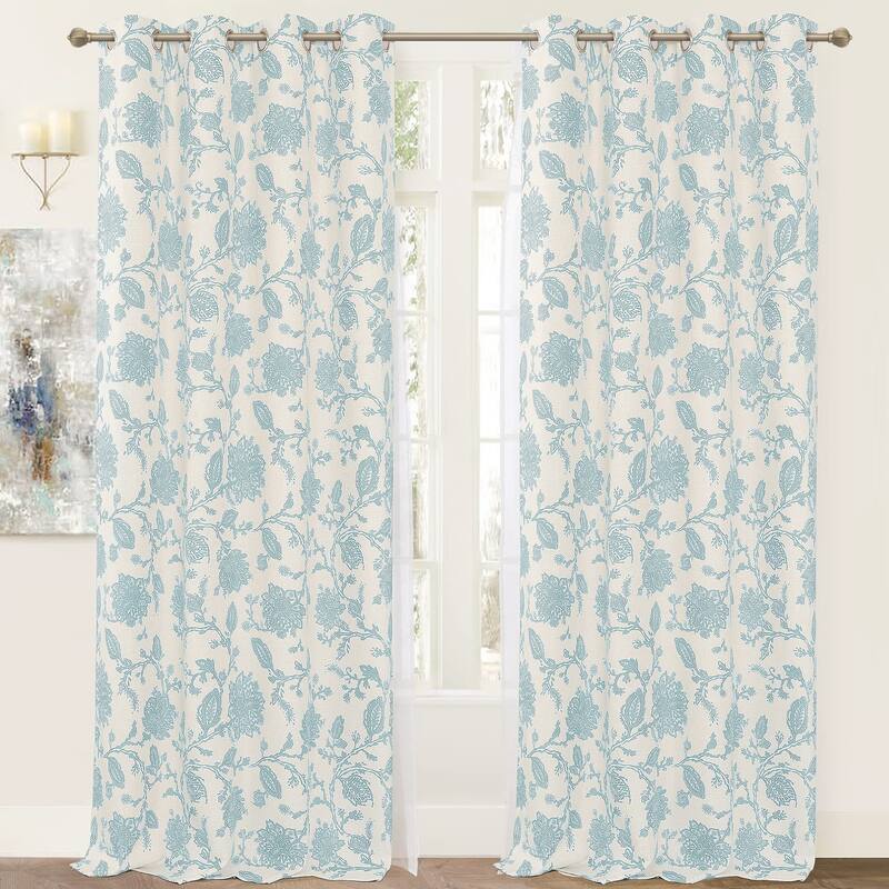 DriftAway Freda Jacobean Floral Linen Blend Lined Blackout Back Tabs Window Curtains