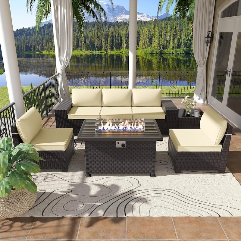 Delnavik 7 Pieces Rattan Outdoor Patio Furniture Sofa Set with Firepit - 7 pcs