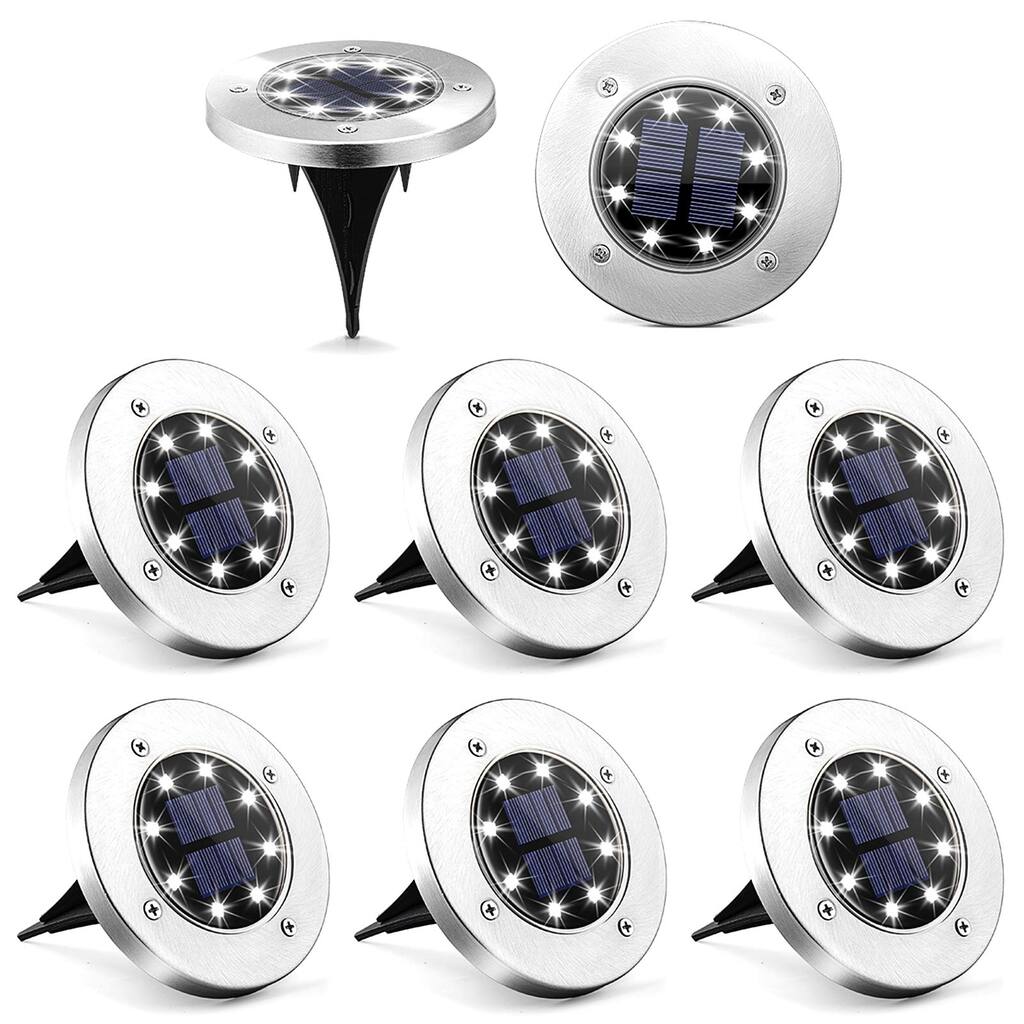 Solar Ground Lights, 8 LED Solar Powered Disk Lights Outdoor Waterproof Garden Landscape Lighting ,8 Pack, White
