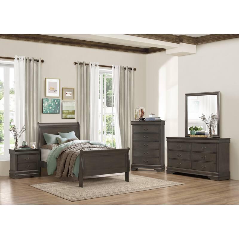 Traditional Twin Size Sleigh Bed with Stained Gray Finish, Includes Headboard and Footboard