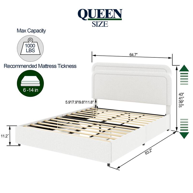 Queen Ivory Boucle Upholstered Platform Bed with 2 Storage Drawers, Curved Stitched Headboard, Wood Slats