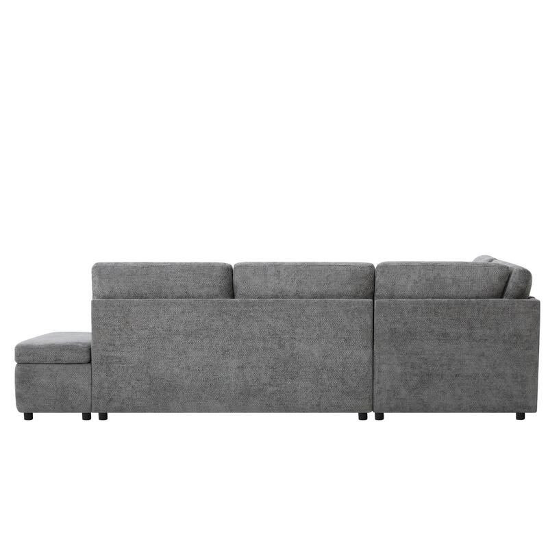 L-Shape Modular Chenille Sectional Sofa Convertible Sleeper Pull-out Sofa Bed with Dual-use Storage Ottoman and Charging Ports
