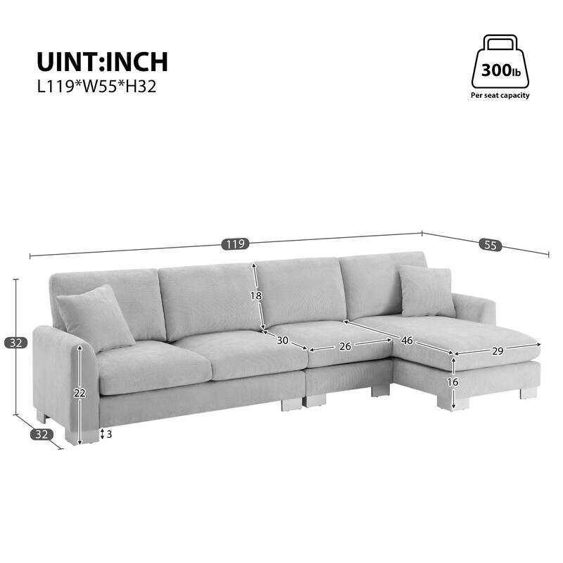 119'' Spacious L-Shaped 5 Seater Sectional Sofa with Chaise Lounge and 2 Decorative Pillows, for Living Room, Apartment