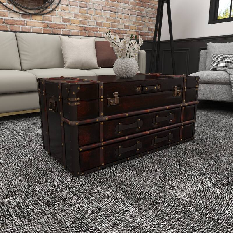 Brown Faux Leather Vintage Faux Leather 2 Drawer Living Room Coffee Table with Buckle Hinged Top