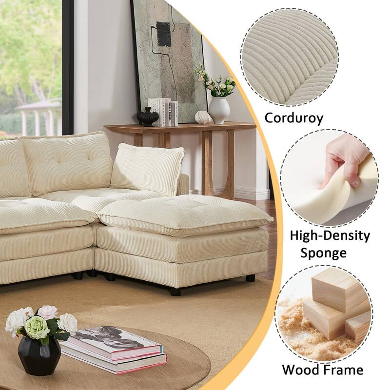 119.2" L-Shaped Corduroy Sectional Sofa with Console and Ottoman