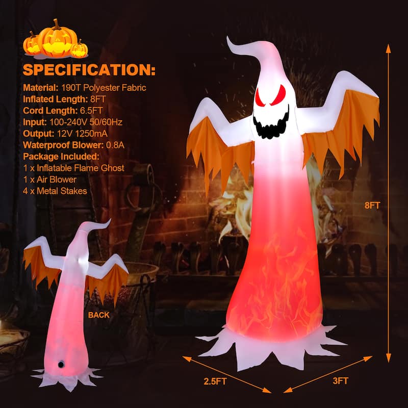 Costway 8 FT Halloween Inflatable White Ghost with Rotatable Flame LED