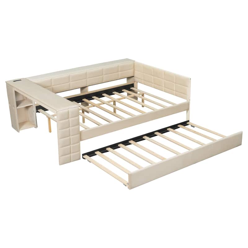 Full Size Upholstered Platform Bed with Storage Shelves Desk Charging Station and Trundle - Beige - Full