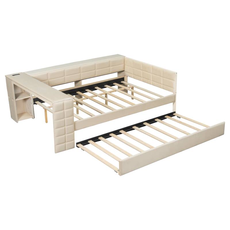 Roomfitters Full Size Upholstered Platform Bed with Built-in Desk, Storage Shelves, Charging Station and Pull-Out Trundle