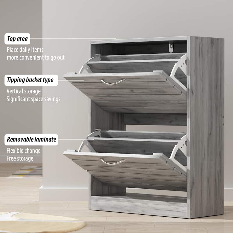 Shoe Storage Cabinet Two Drawer Space Saving Grey/Oak/White Dresser