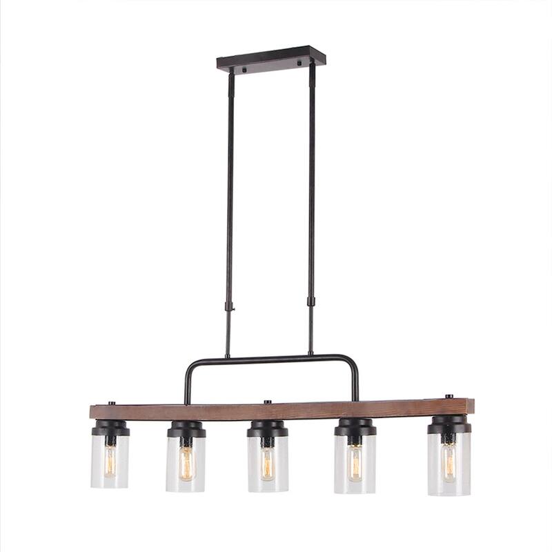 Modern Farmhouse 5-Light Wood Linear Chandelier Cylinder Glass Pendant Lights for Dining Room - 38.5"L x 12"H